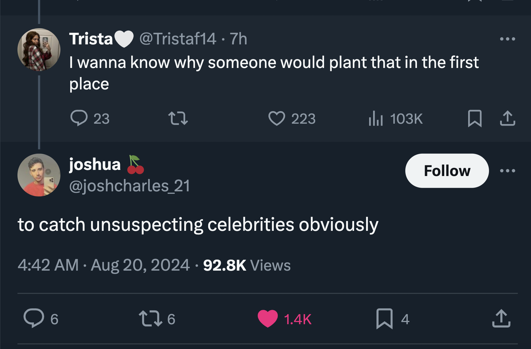 screenshot - Trista .7h I wanna know why someone would plant that in the first place 23 27 joshua 223 l to catch unsuspecting celebrities obviously Views 6 176 4 1